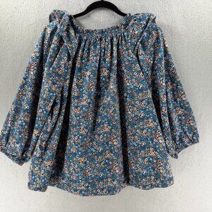 Sonoma Top Womens XL Blue Brown Ditsy Print Smocked Cottagecore Boho Prairie